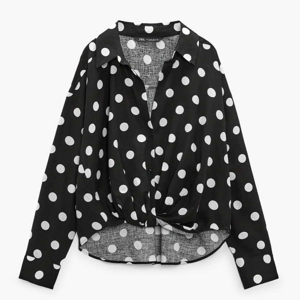 Zara NWT linen black & white polka dot knot front button front long sleeve shirt - Picture 1 of 10